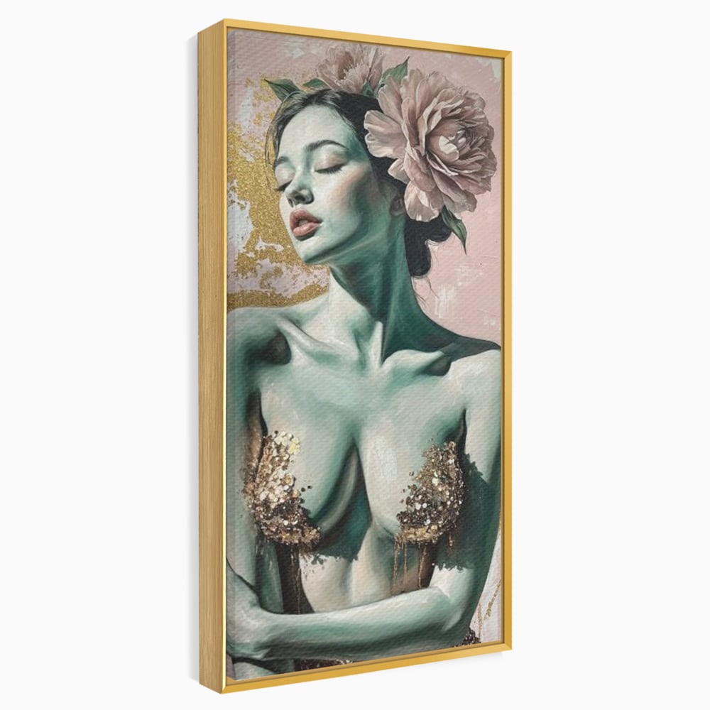 Tablou canvas cu tablou canvas cu femeie si flori roz, in rama de aluminiu auriu